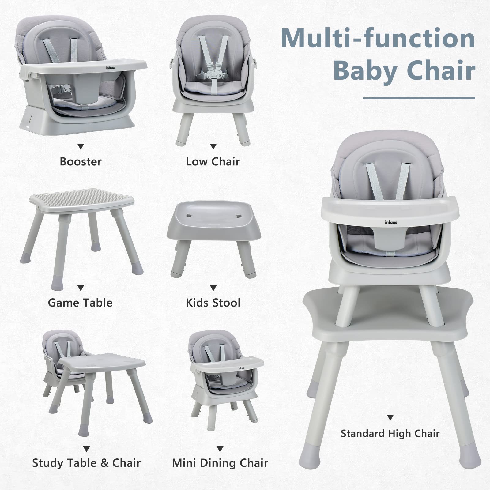 INFANS 8 in 1 Baby High Chair, Convertible Highchair for Babies and Toddlers, Infant Dining Booster Seat