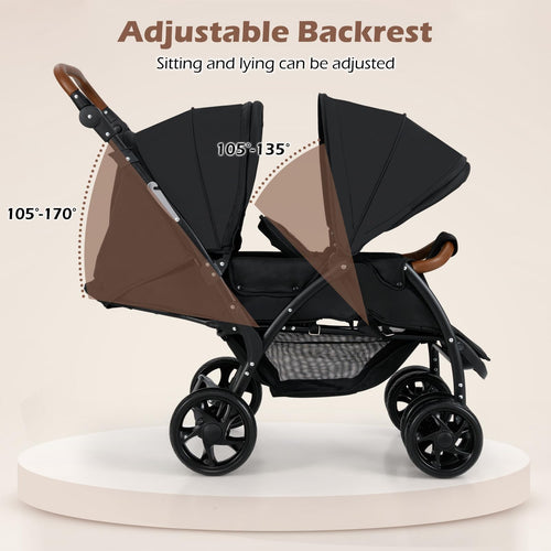 INFANS Double Stroller, Foldable Baby Tandem Stroller with Djustable Backrest Canopy Footrest