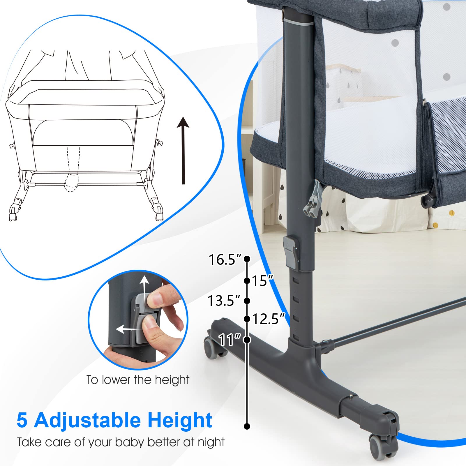 INFANS 3 in 1 Baby Bassinets, Bedside Sleeping for Newborn, Folding Crib with Mattress, Easy to Assemble Cradle