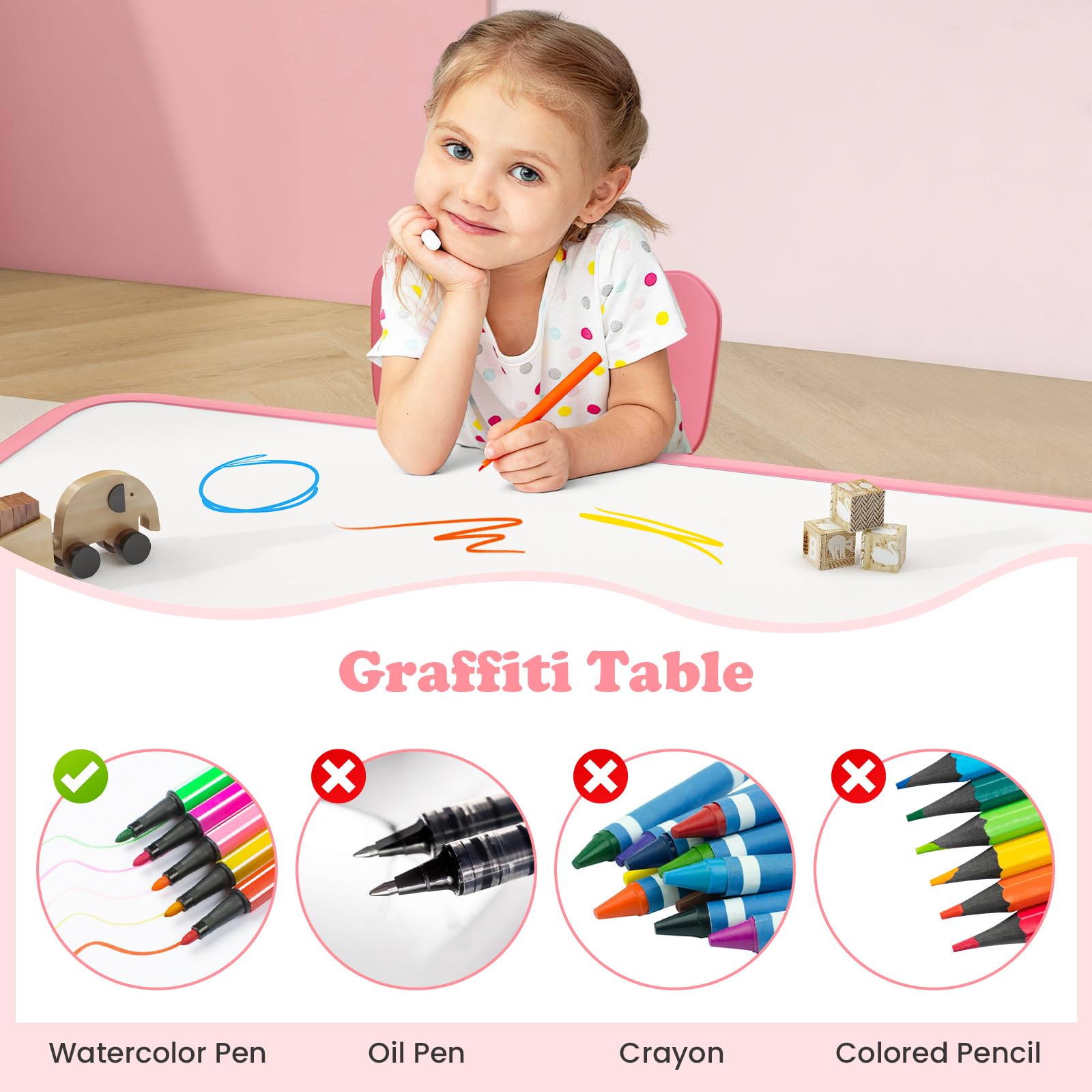 OLAKIDS Kids Table and Chiar Set, Height Adjustable Toddler Desk and 4 Chairs