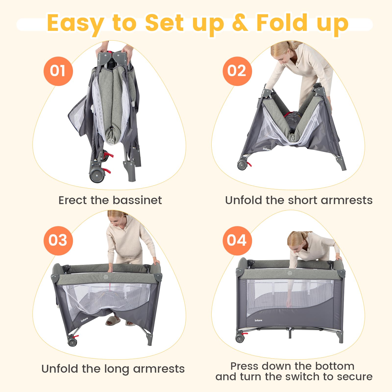 INFANS 5 in 1 Portable Playard, Larger Size Baby Bassinet Bedside Sleeper, Diaper Changer, Foldable Bedside Crib