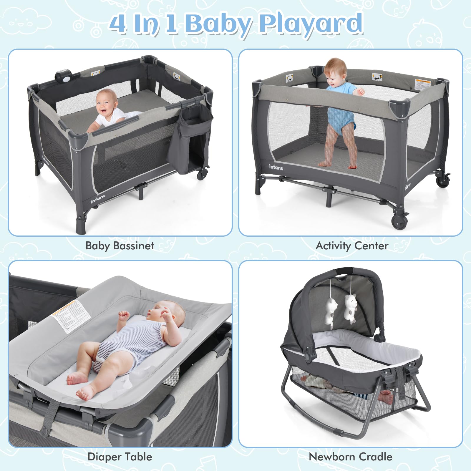 INFANS 4 in 1 Pack and Play, Portable Baby Kid Infant, Travel Playard with Bassinet, Mattress, Diaper Changer