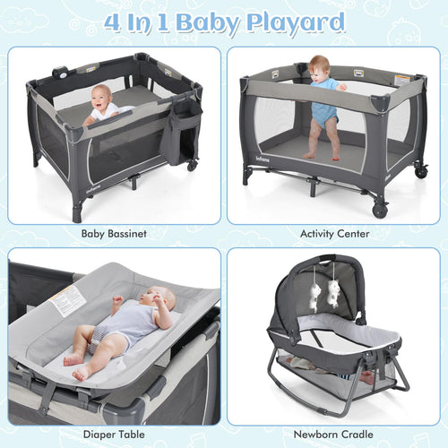 INFANS 4 in 1 Pack and Play, Portable Baby Kid Infant, Travel Playard with Bassinet, Mattress, Diaper Changer