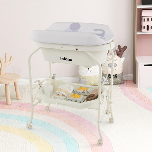 INFANS 2 in 1 Baby Changing Table with Bath Tub Unit, Folding Diaper Dresser Station with Wheels Waterproof