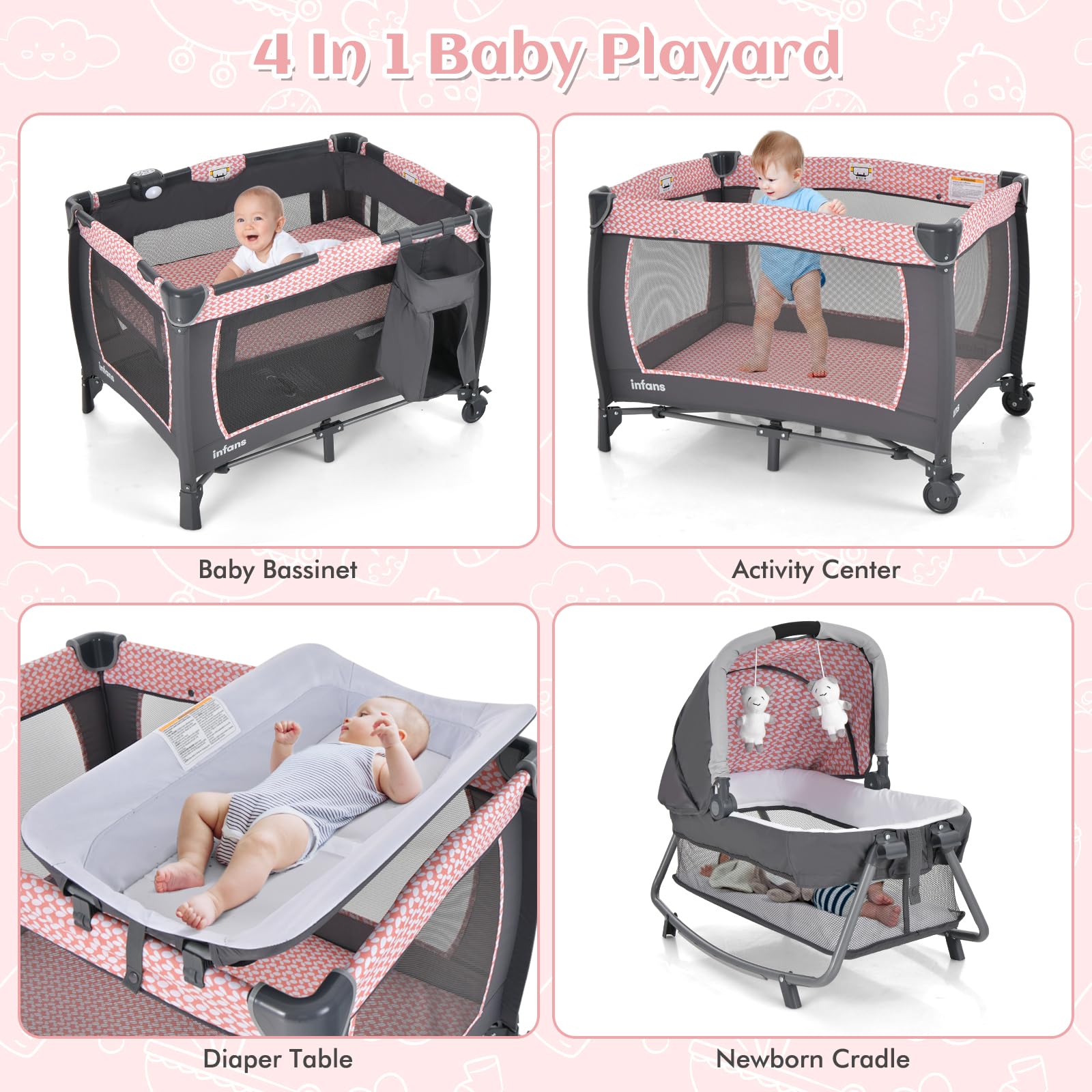 INFANS 4 in 1 Pack and Play, Portable Baby Kid Infant, Travel Playard with Bassinet, Mattress, Diaper Changer