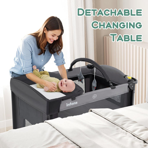 INFANS Baby Bassinet, 4 in 1  Pack and Play Baby Playard with Changing Table, Mosquito Net