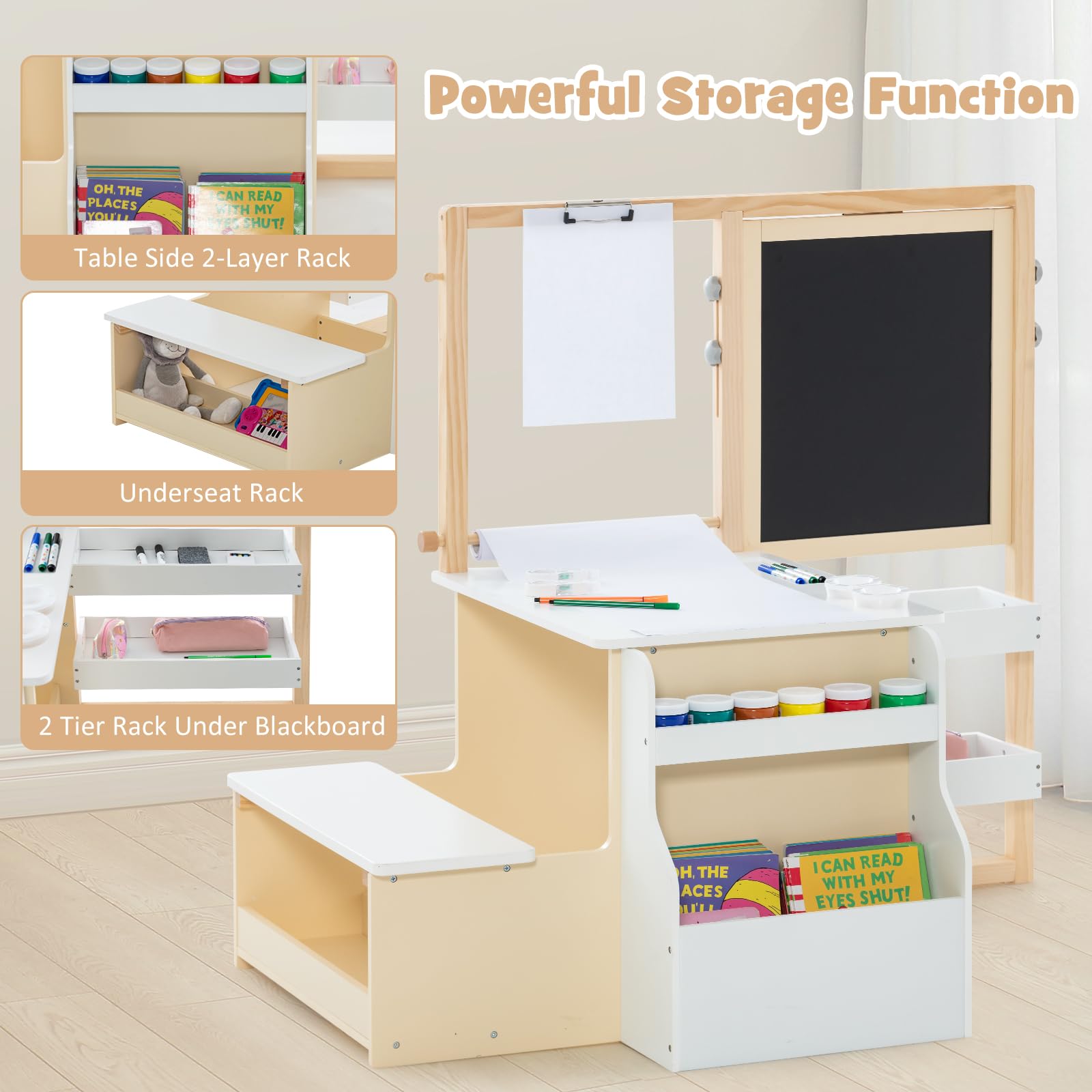 OLAKIDS 3 in 1 Kids Art Table and Chair Set, Toddler Wood Activity Desk with Double-Sided Easel, Children Furniture