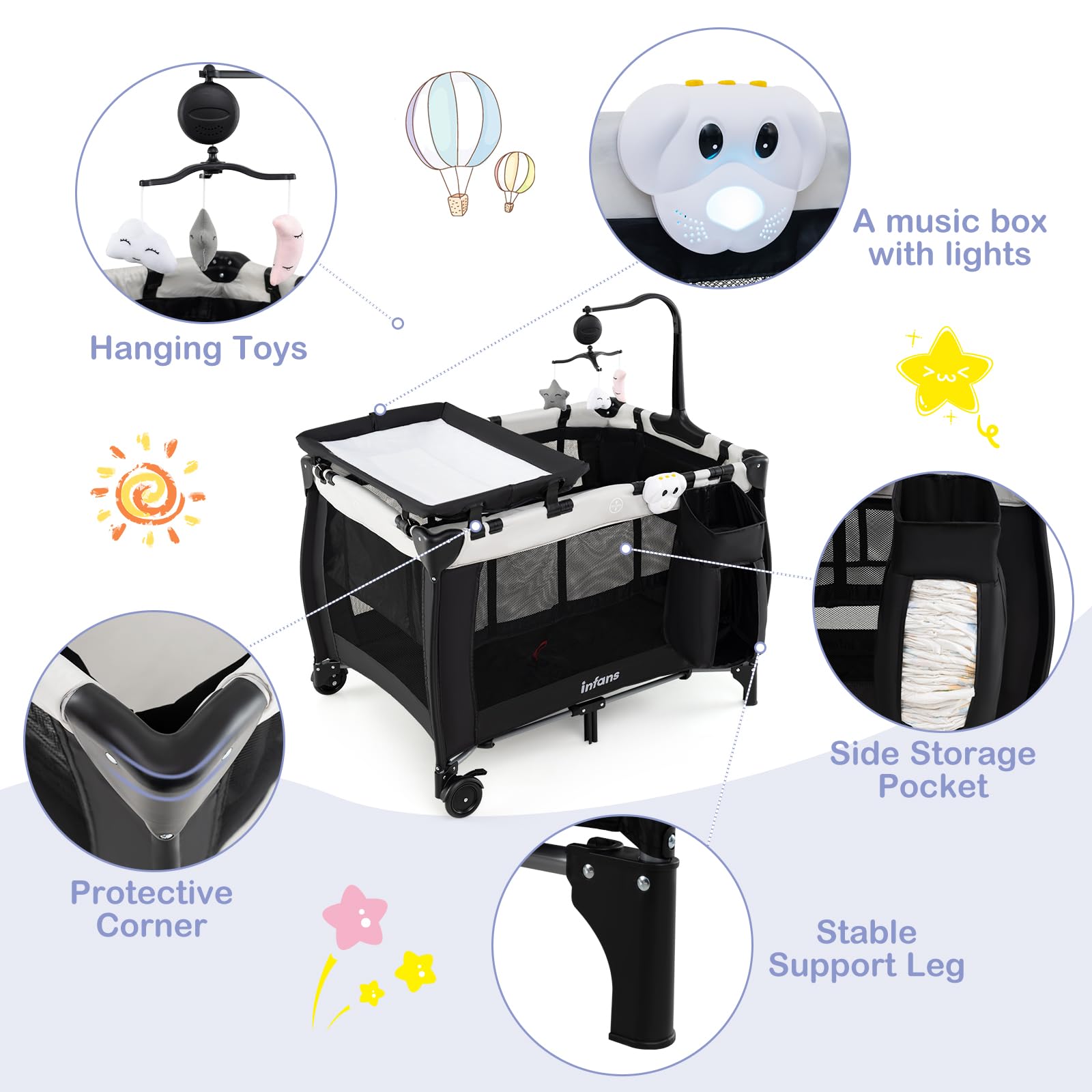 INFANS 3 in 1 Pack and Play, Portable Travel Baby Crib Bassinet with Detachable Mattress, Newborn Changing Table, Foldable Playpen
