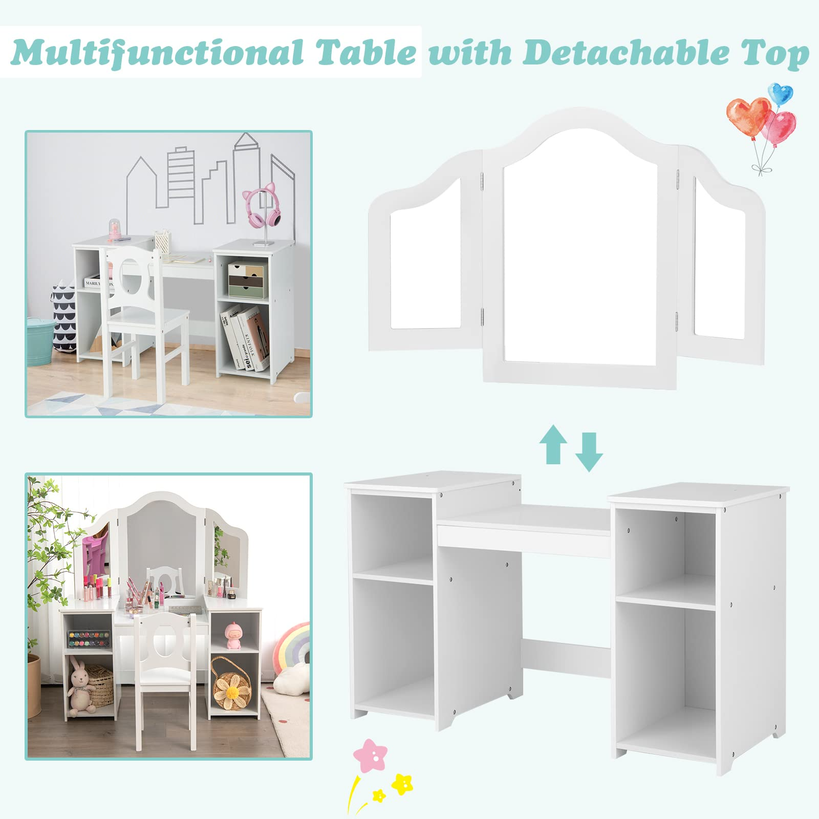 2 in 1 Princess Makeup Desk & Chair Set with Tri-Folding Detachable Mirror OLAKIDS