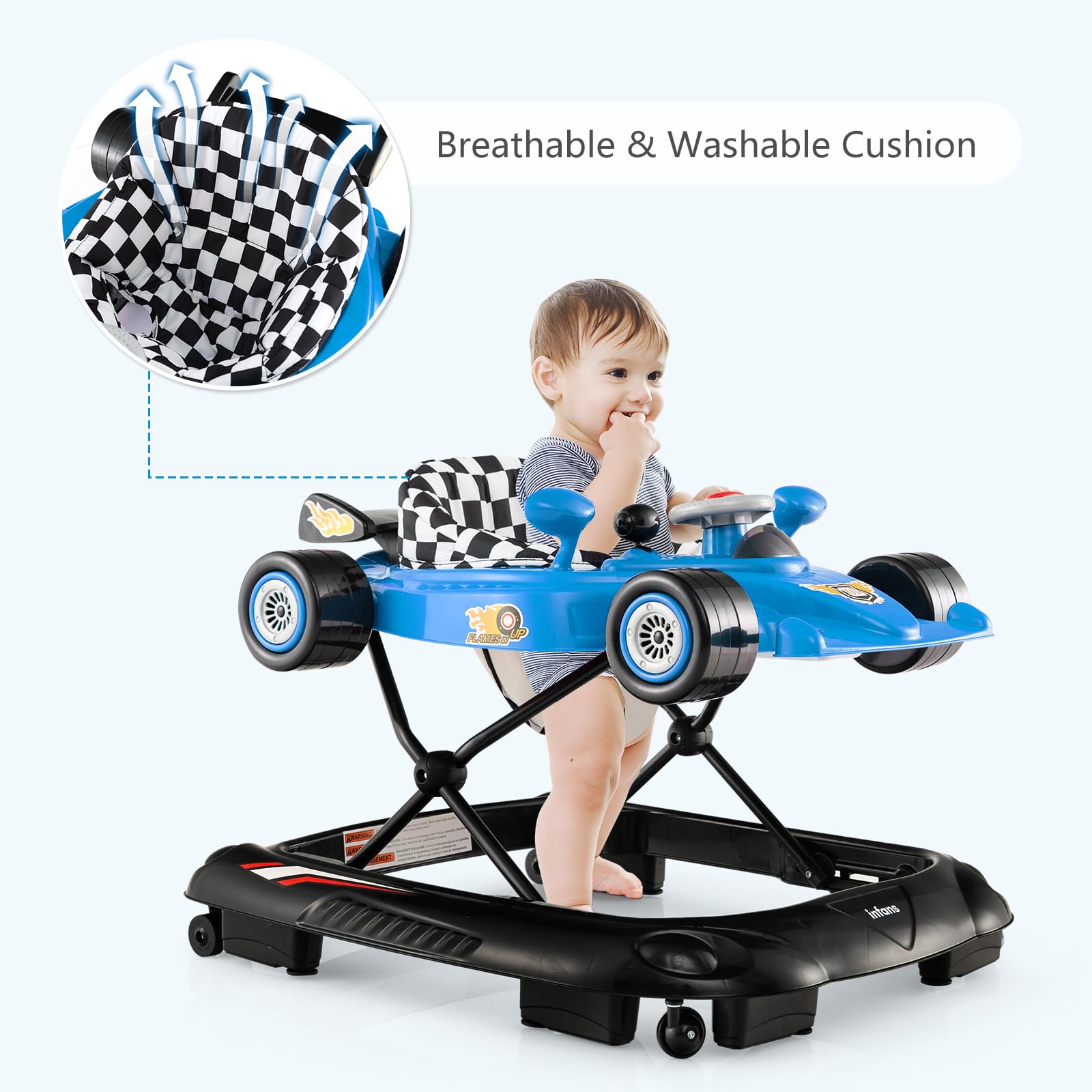 INFANS Foldable Baby Walker, Toddler Activity Center Leaning-Seated Walk-Behind with Steering Wheel, Adjustable Height