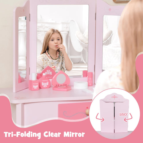 OLAKIDS Kids Vanity, 2 in 1 Princess Makeup Desk Set, Wooden Dressing Table, Pretend Play Vanity Set