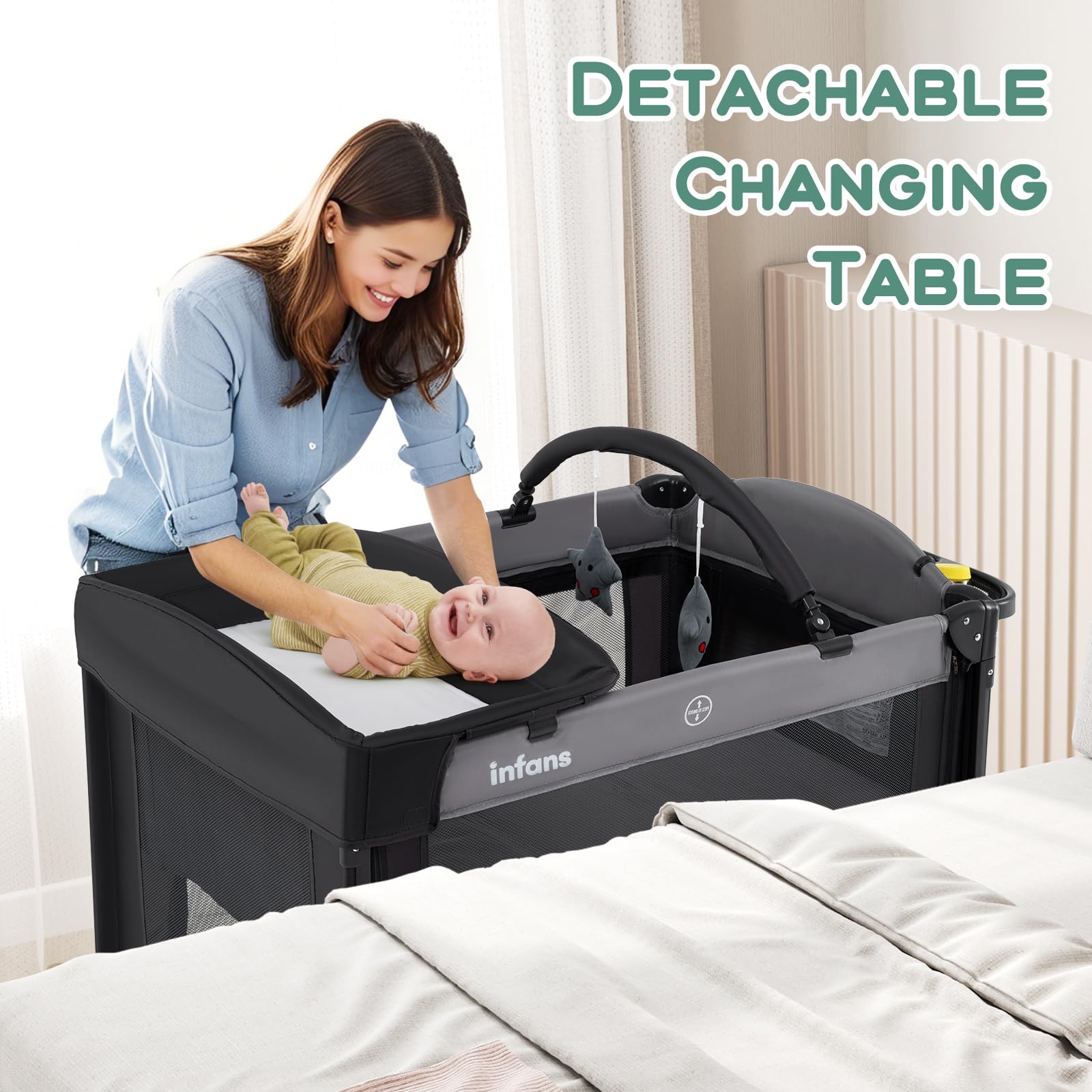 INFANS Baby Bassinet, 4 in 1  Pack and Play Baby Playard with Changing Table, Mosquito Net