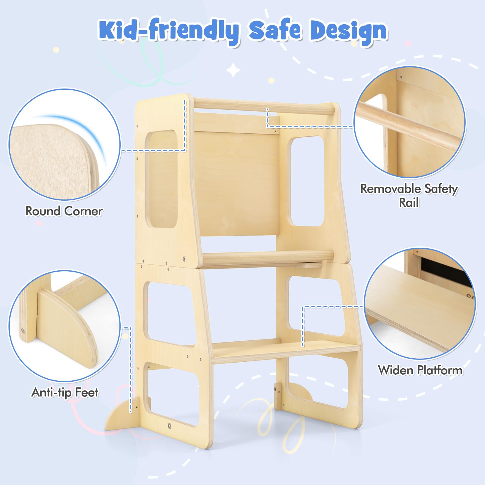 OLAKIDS Toddler Tower, 4 in 1 Foldable Kitchen Stool Helper Learning Standing Tower