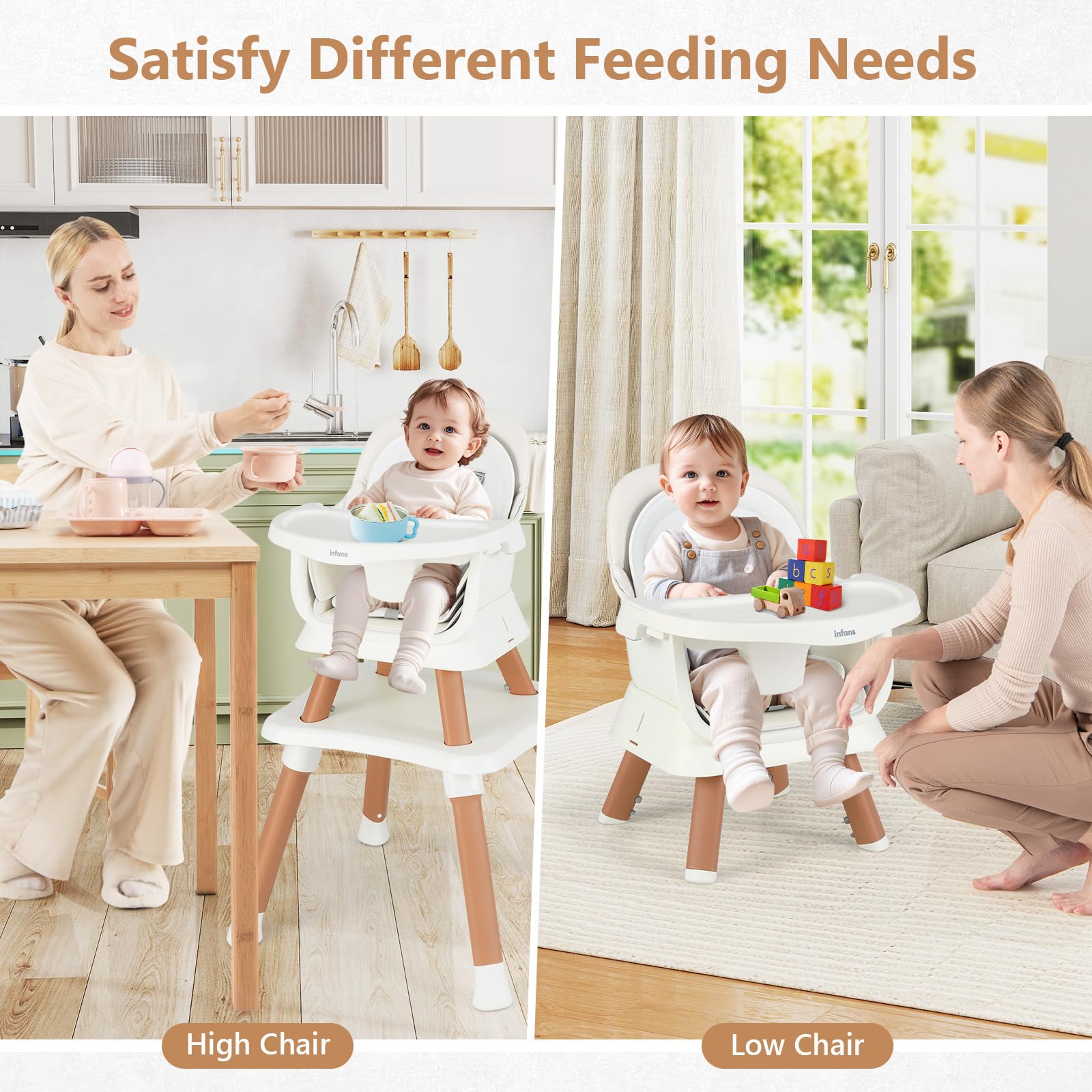 INFANS 8 in 1 Baby High Chair, Convertible Highchair for Babies and Toddlers, Infant Dining Booster Seat