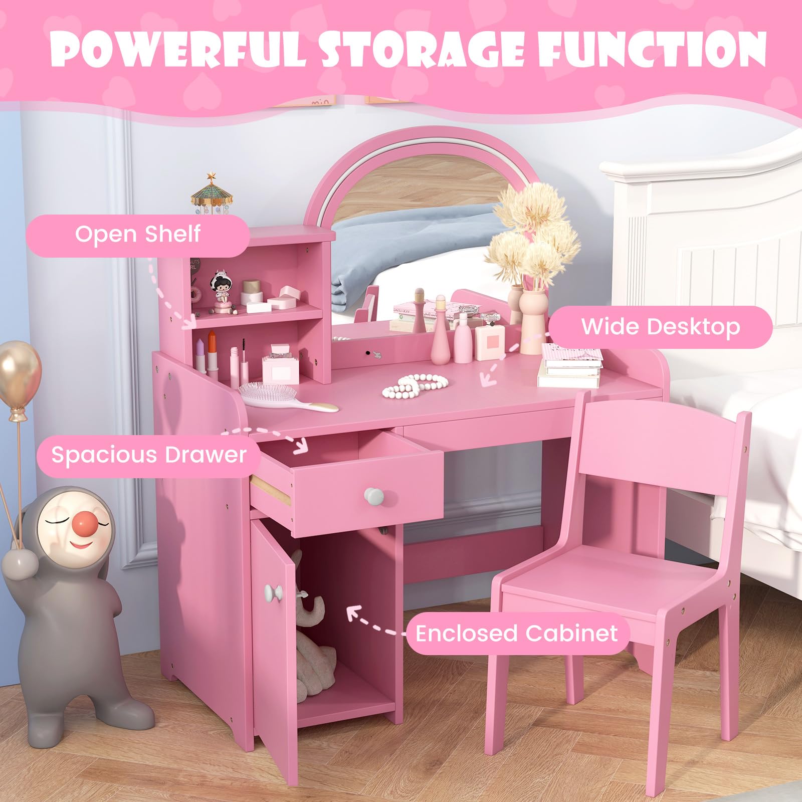 OLAKIDS Kids Vanity, Princess Makeup Desk and Chair Set with Lights Mirror, Pretend Play Vanity Set for Toddler Girls