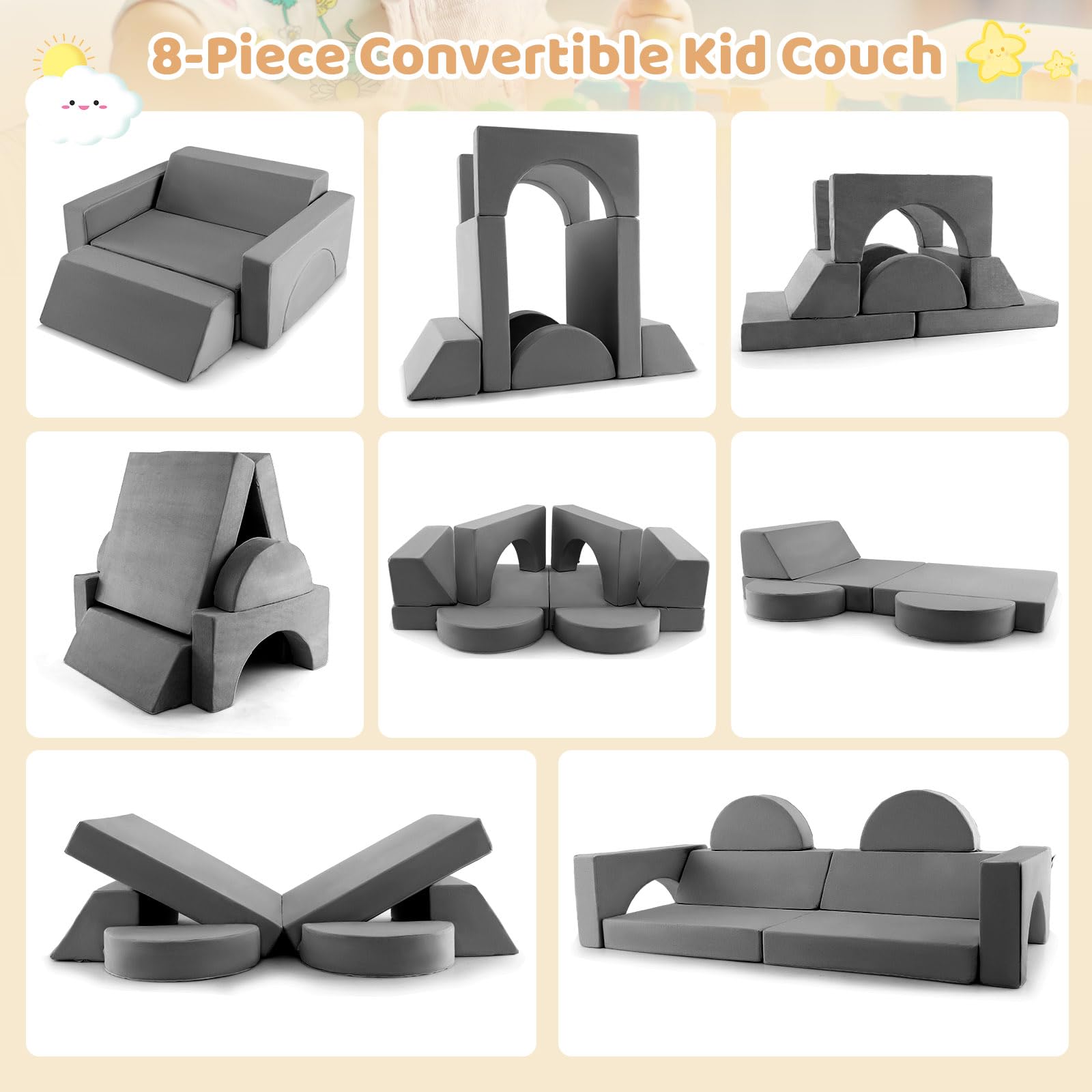 OLAKIDS Mondular Kids Play Couch, 8PCS Toddler Sectional Sofa Building Fort
