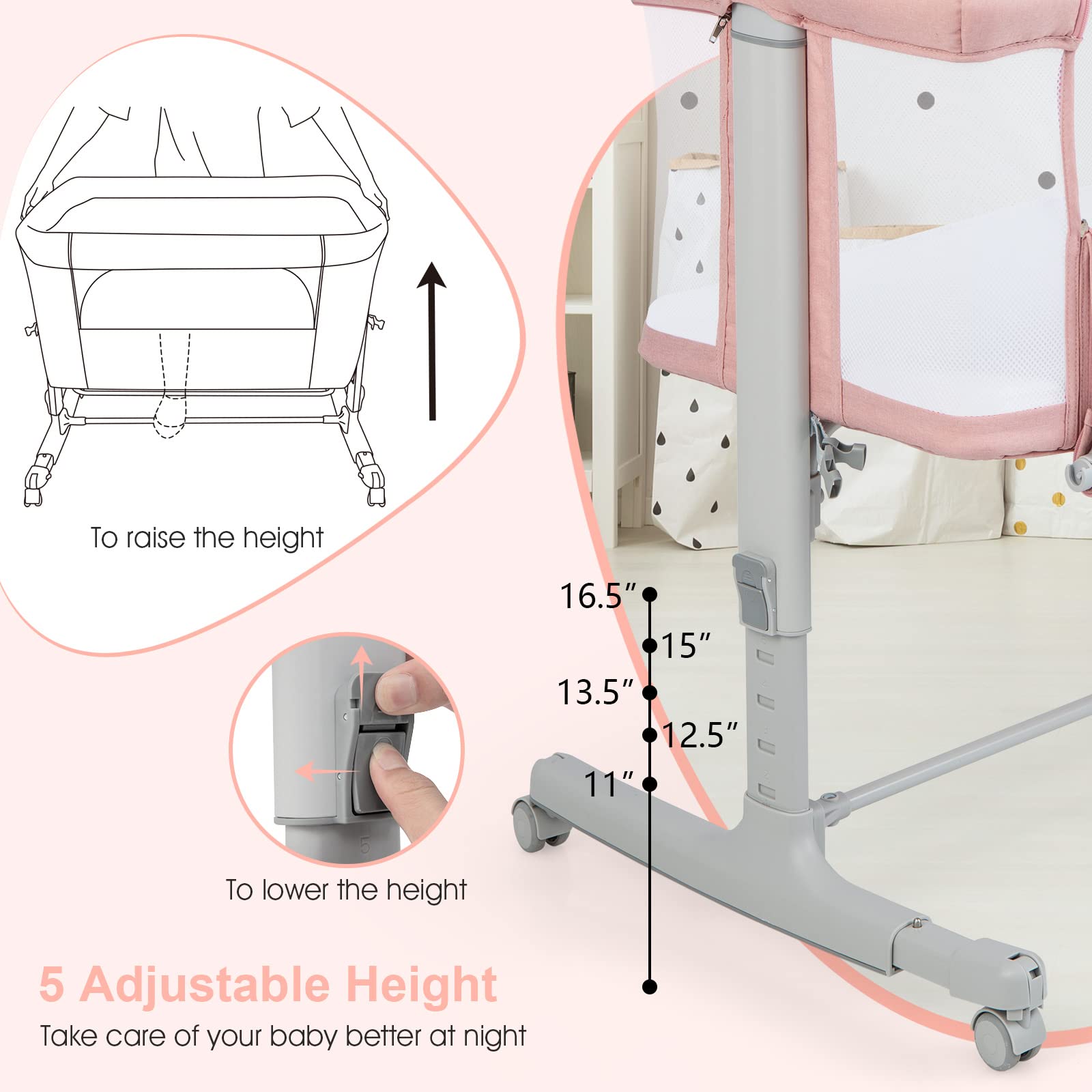 INFANS 3 in 1 Baby Bassinets, Bedside Sleeping for Newborn, Folding Crib with Mattress, Easy to Assemble Cradle