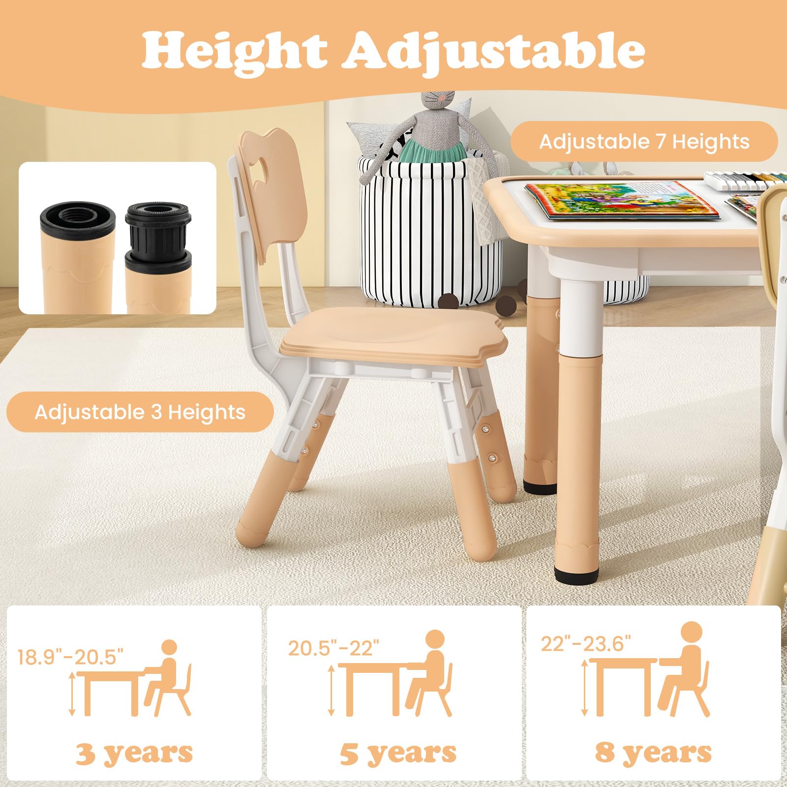 OLAKIDS Kids Table and Chiar Set, Height Adjustable Toddler Desk and 4 Chairs