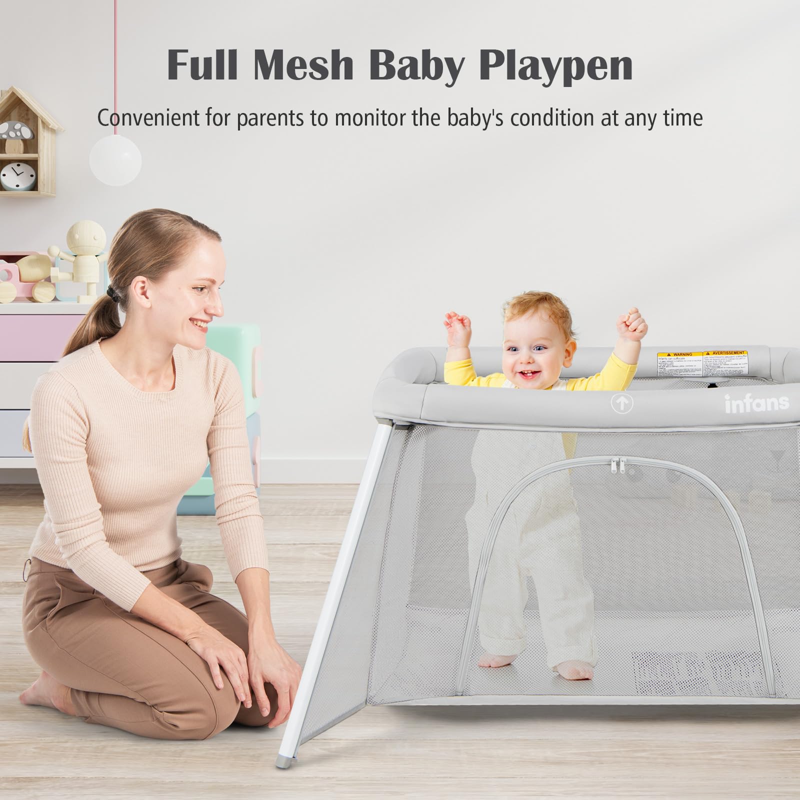 INFANS Travel Crib, Portable Baby Playpen with Removable Bassinet Soft Mattress, Foldable Lightweight Playard Nursery Center