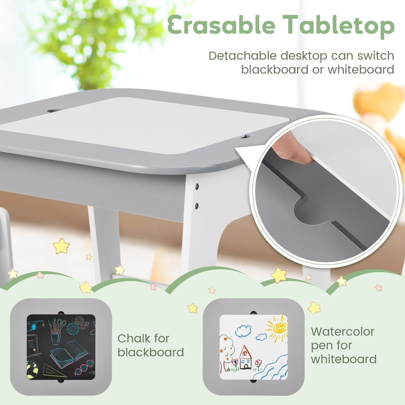 OLAKIDS Kids Table and Chair Set, 3 in 1 Wooden Activity Table with Removable Tabletop, Blackboard and Whiteboard