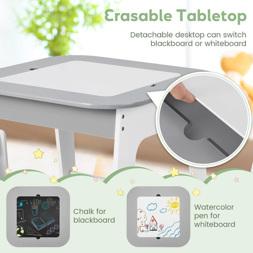 OLAKIDS Kids Table and Chair Set, 3 in 1 Wooden Activity Table with Removable Tabletop, Blackboard and Whiteboard