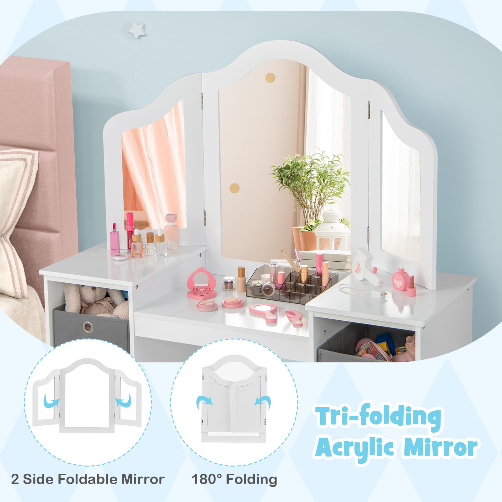 OLAKIDS Kids Vanity, 2 in 1 Princess Makeup Desk and Chair Set