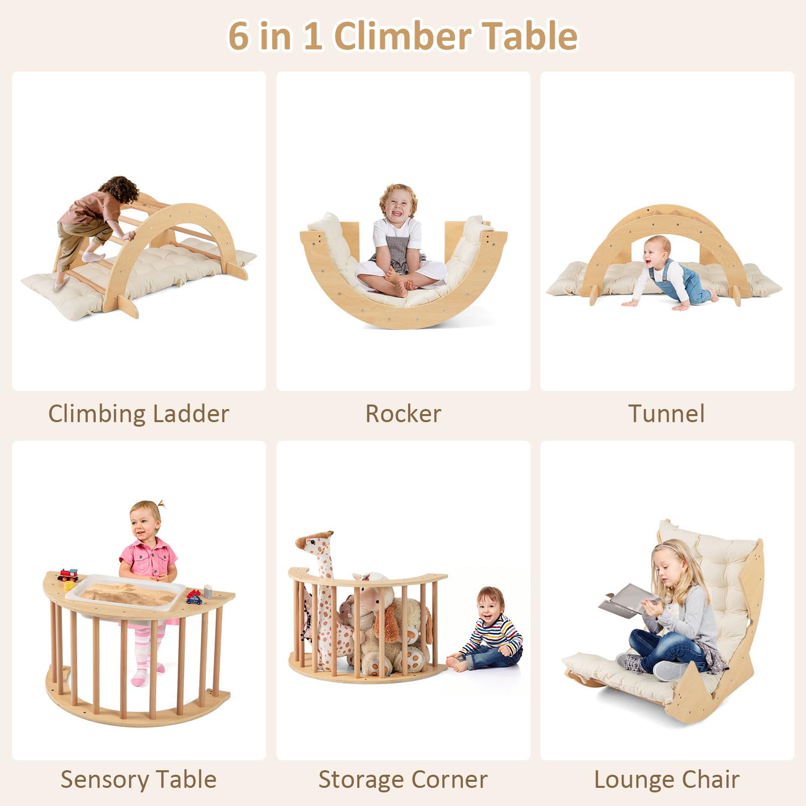 OLAKIDS Wooden Arch Climber Rocker with Soft Cushion for Toddlers