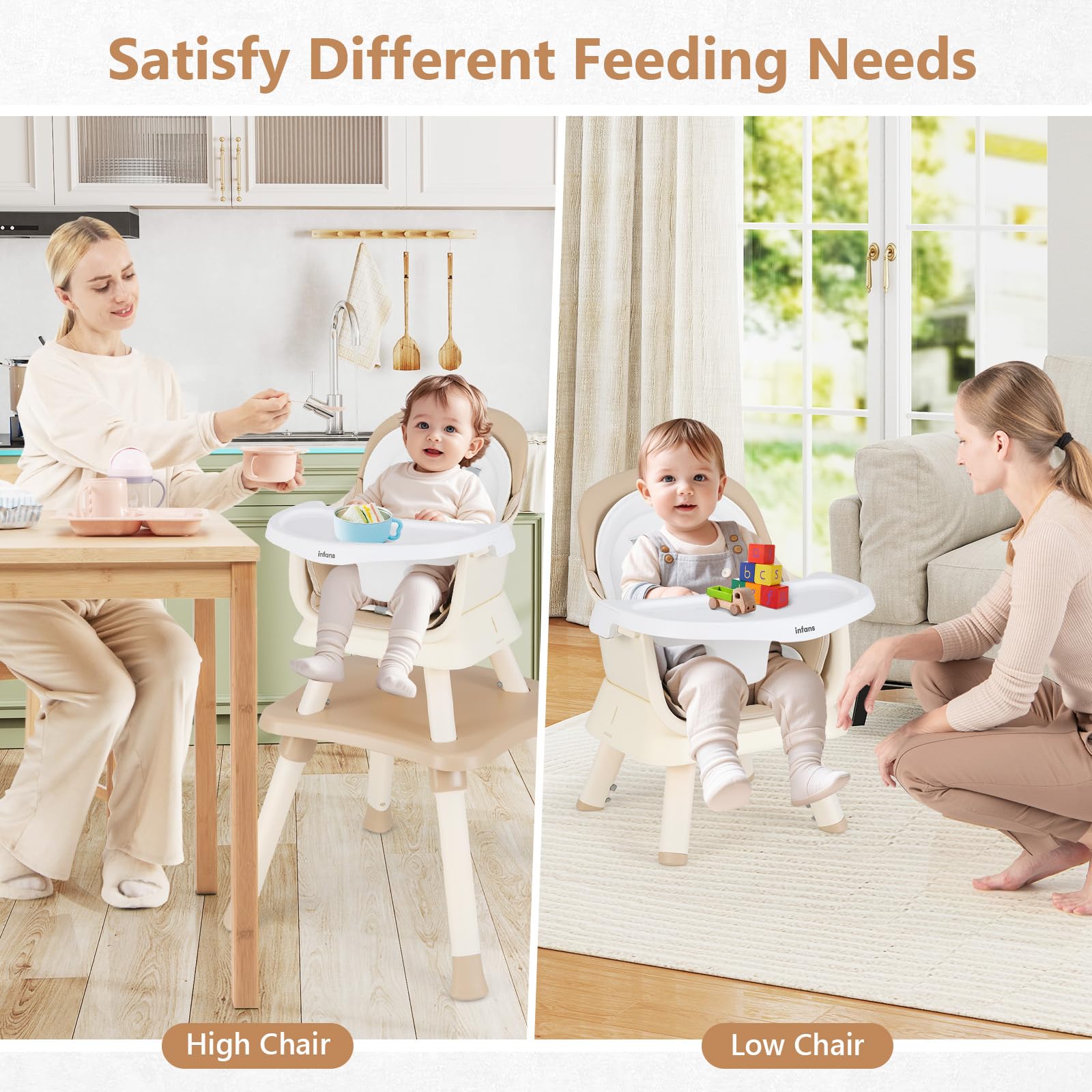 INFANS 8 in 1 Baby High Chair, Convertible Highchair for Babies and Toddlers, Infant Dining Booster Seat
