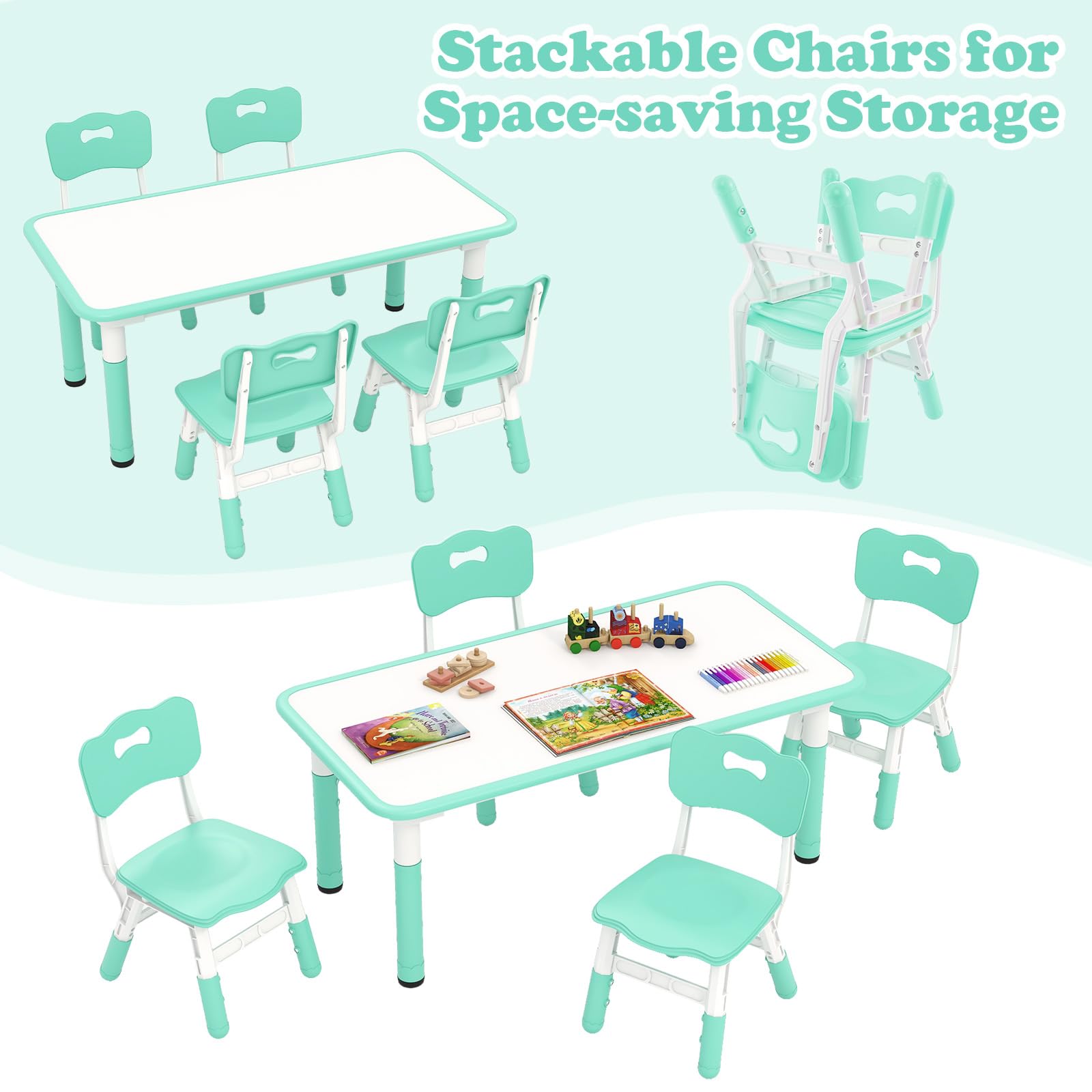 OLAKIDS Kids Table and Chiar Set, Height Adjustable Toddler Desk and 4 Chairs