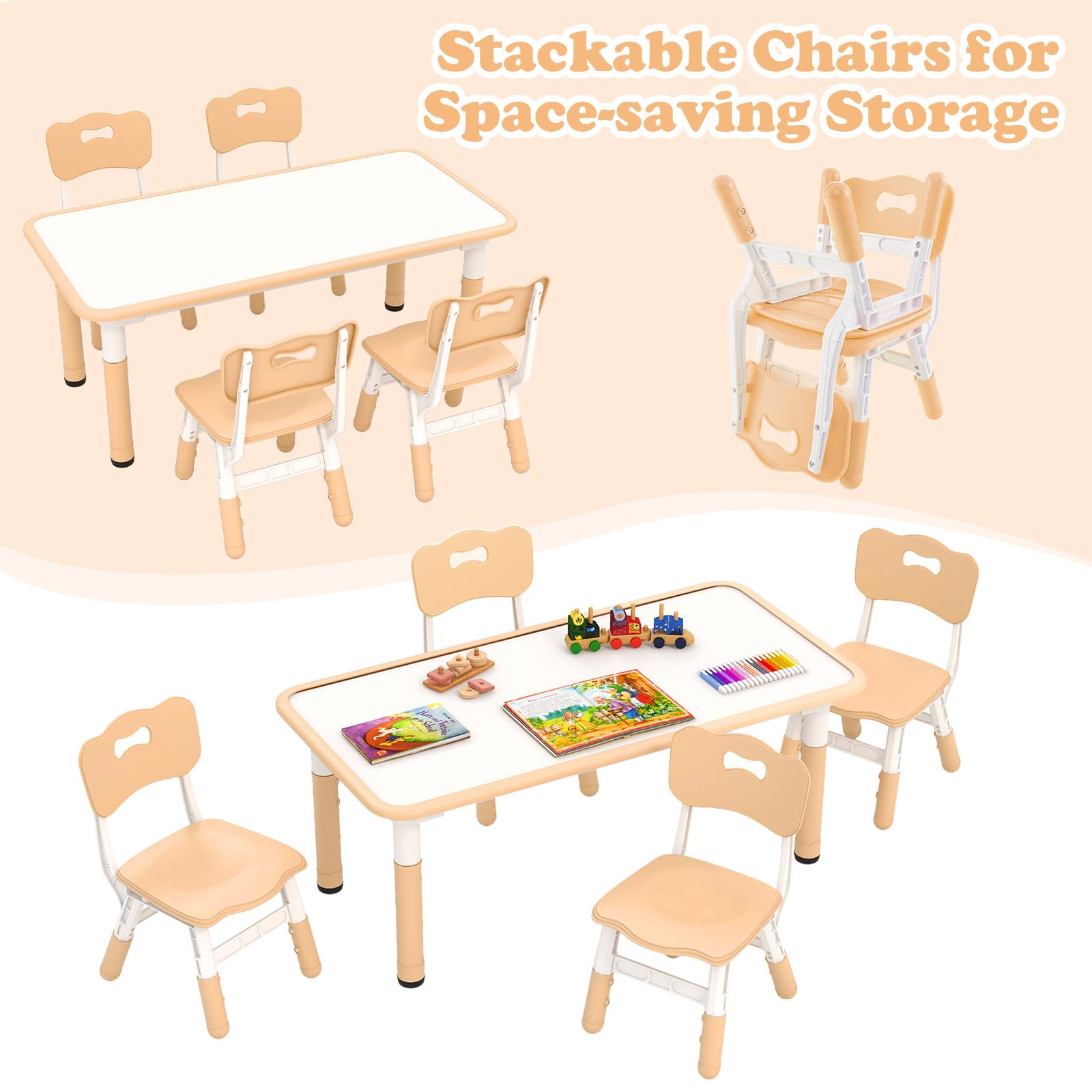 OLAKIDS Kids Table and Chiar Set, Height Adjustable Toddler Desk and 4 Chairs