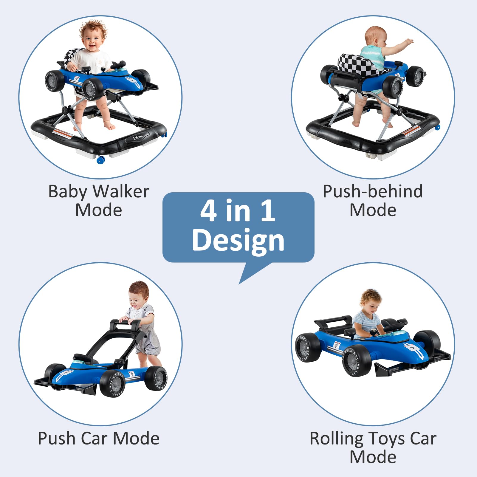 INFANS 4 in 1 Baby Walker, Foldable Toddler Activity Center with Adjustable Height, Removable Toy Tray, Push Walker