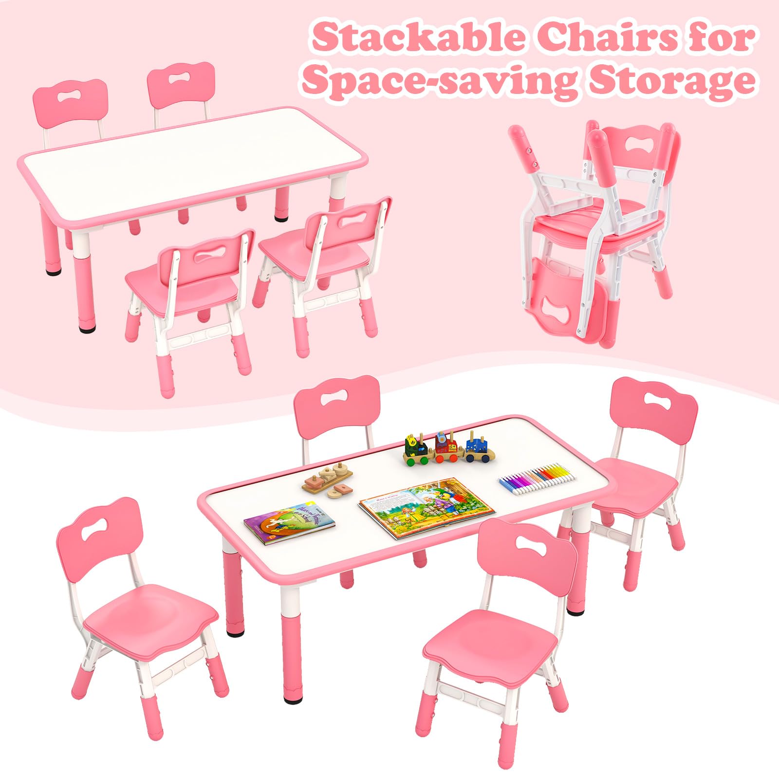OLAKIDS Kids Table and Chiar Set, Height Adjustable Toddler Desk and 4 Chairs