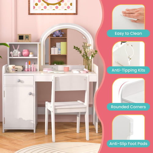 OLAKIDS Kids Vanity, Princess Makeup Desk and Chair Set with Lights Mirror, Pretend Play Vanity Set for Toddler Girls