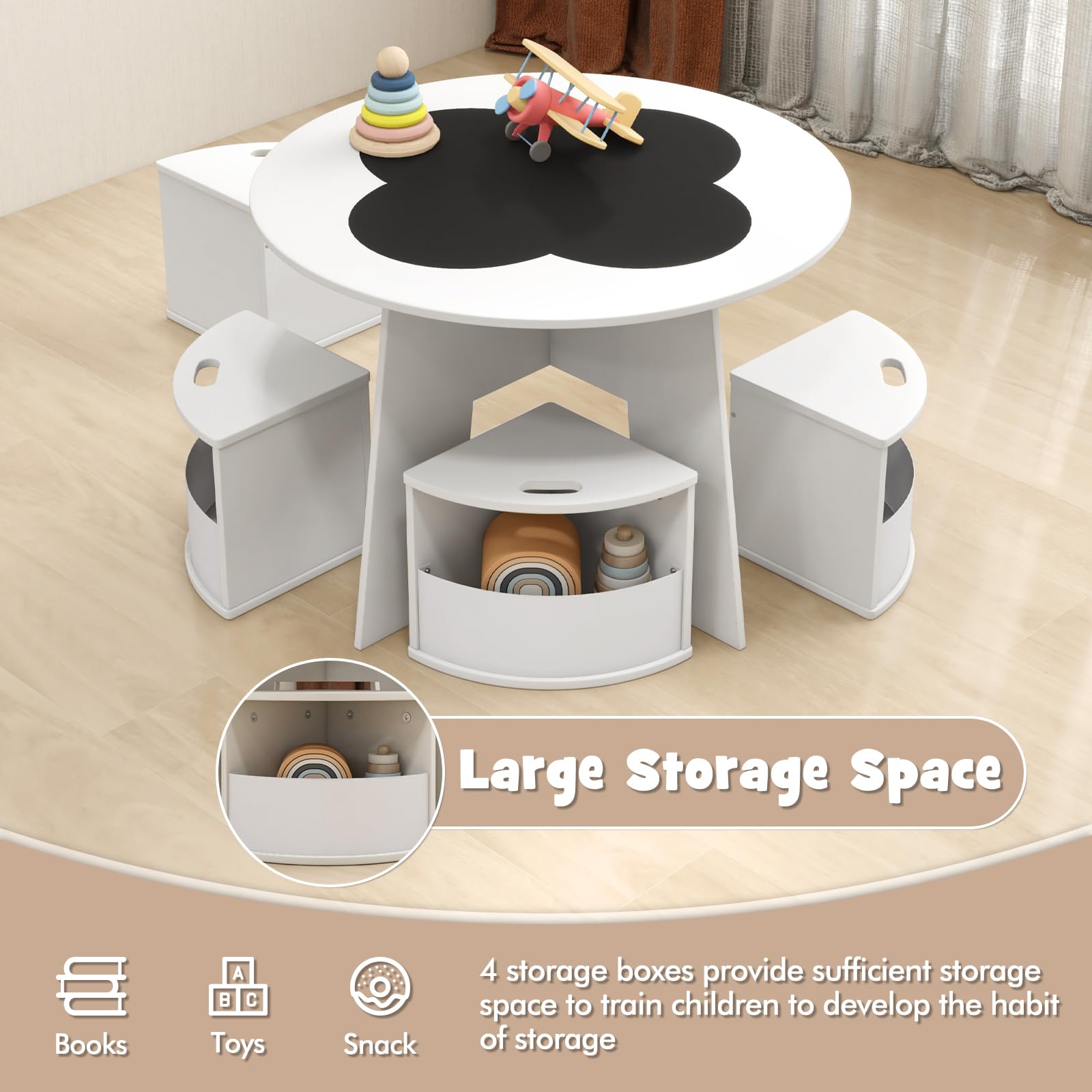 OLAKIDS Toddler Table and Chair Set with 4 Storage Stools, Wooden Flower Shaped Nesting Table with Blackboard Drawers