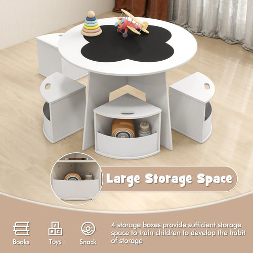 OLAKIDS Toddler Table and Chair Set with 4 Storage Stools, Wooden Flower Shaped Nesting Table with Blackboard Drawers