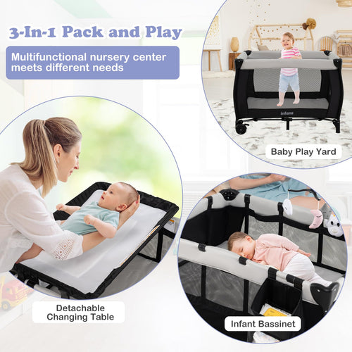 INFANS 3 in 1 Pack and Play, Portable Travel Baby Crib Bassinet with Detachable Mattress, Newborn Changing Table, Foldable Playpen