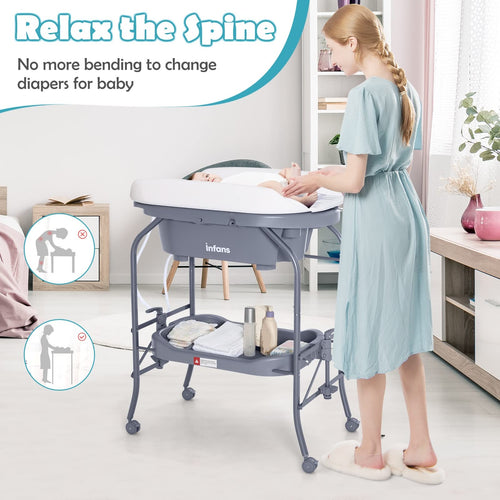 INFANS 2 in 1 Baby Changing Table with Bath Tub Unit, Folding Diaper Dresser Station with Wheels Waterproof