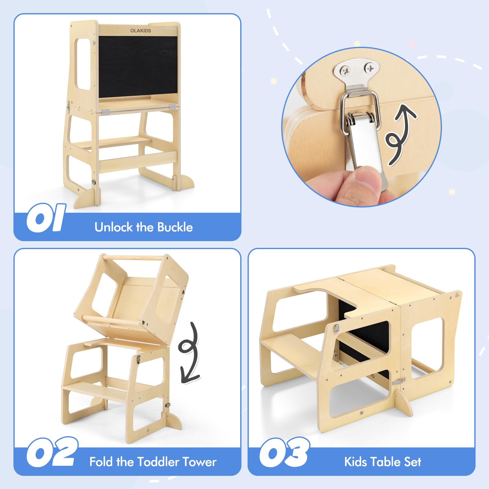 OLAKIDS Toddler Tower, 4 in 1 Foldable Kitchen Stool Helper Learning Standing Tower