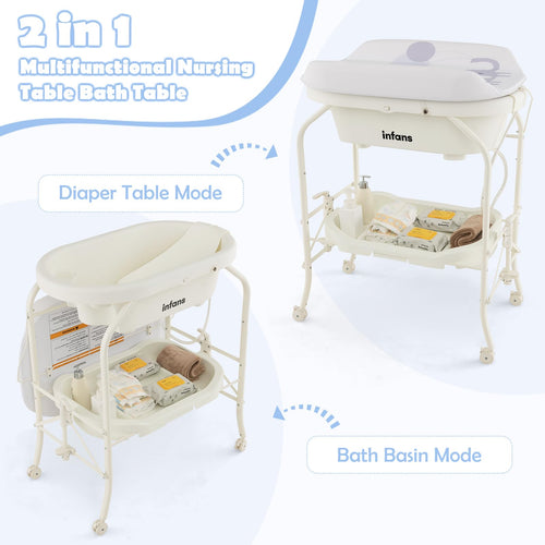 INFANS 2 in 1 Baby Changing Table with Bath Tub Unit, Folding Diaper Dresser Station with Wheels Waterproof