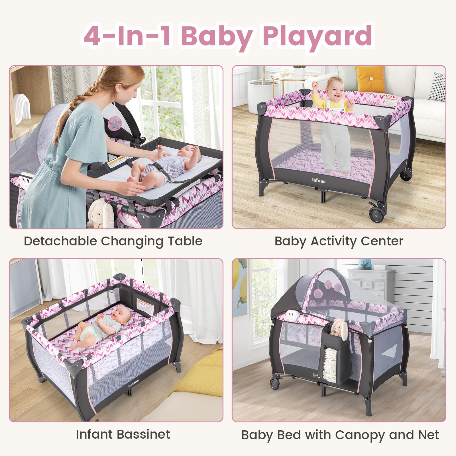 INFANS 4 in 1 Pack and Play, Portable Baby Kid Infant, Travel Playard with Bassinet