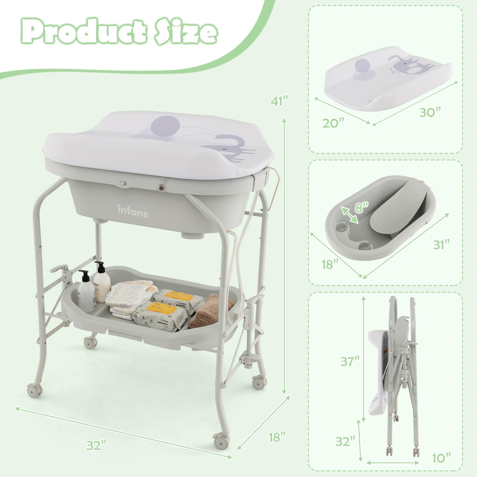 INFANS 2 in 1 Baby Changing Table with Bath Tub Unit, Folding Diaper Dresser Station with Wheels Waterproof