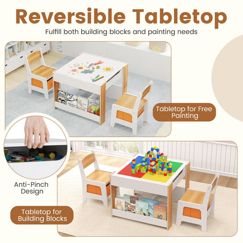 OLAKIDS Kids Table and Chair Set, 4 in 1 Building Block Wooden Activity Desk with Reversible Tabletop for Toddlers