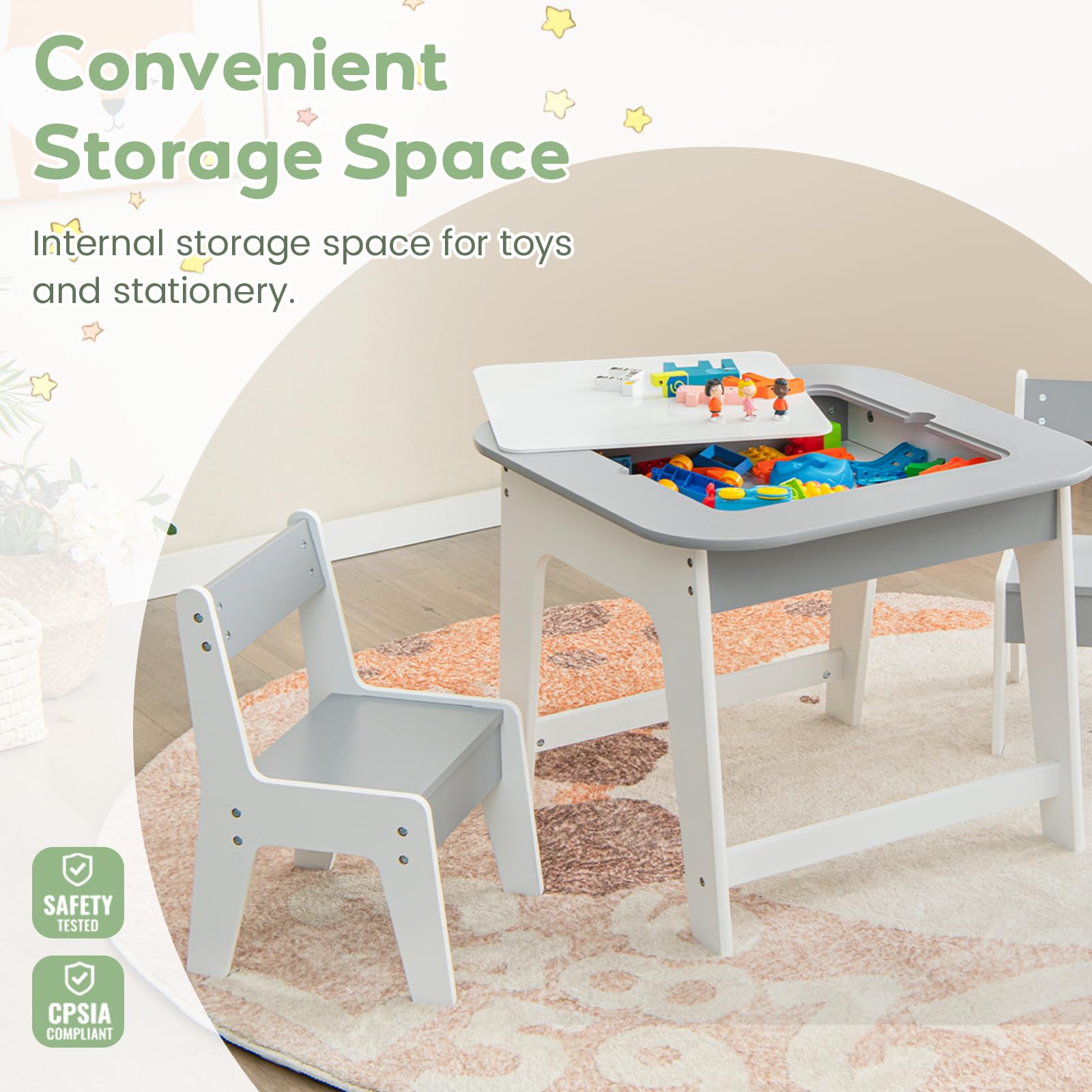 OLAKIDS Kids Table and Chair Set, 3 in 1 Wooden Activity Table with Removable Tabletop, Blackboard and Whiteboard