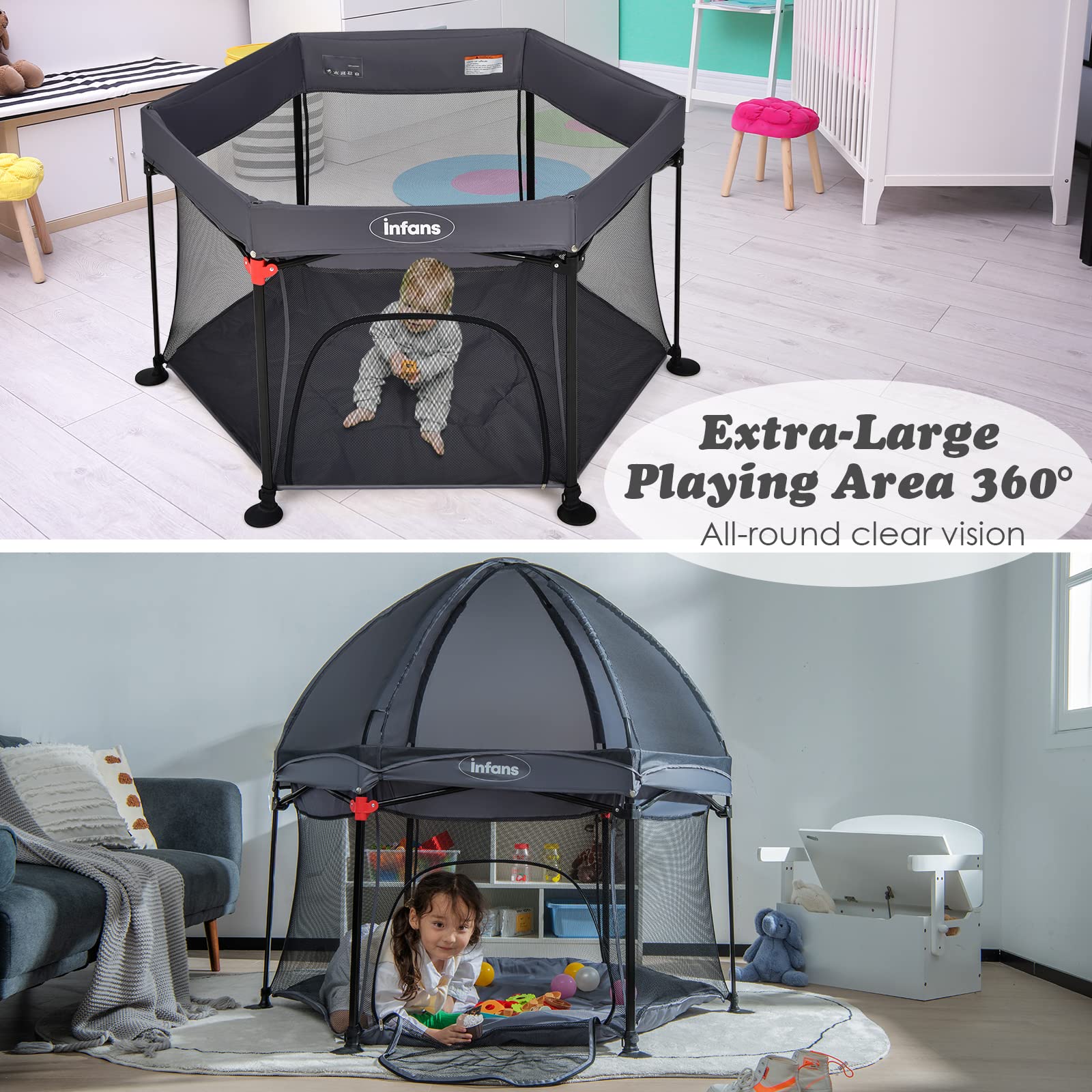 INFANS Baby Playpen with Removable Mesh & UV Canopy, 53" Portable Playhouse with Carry Bag, Easy Folding Playard Activity Center