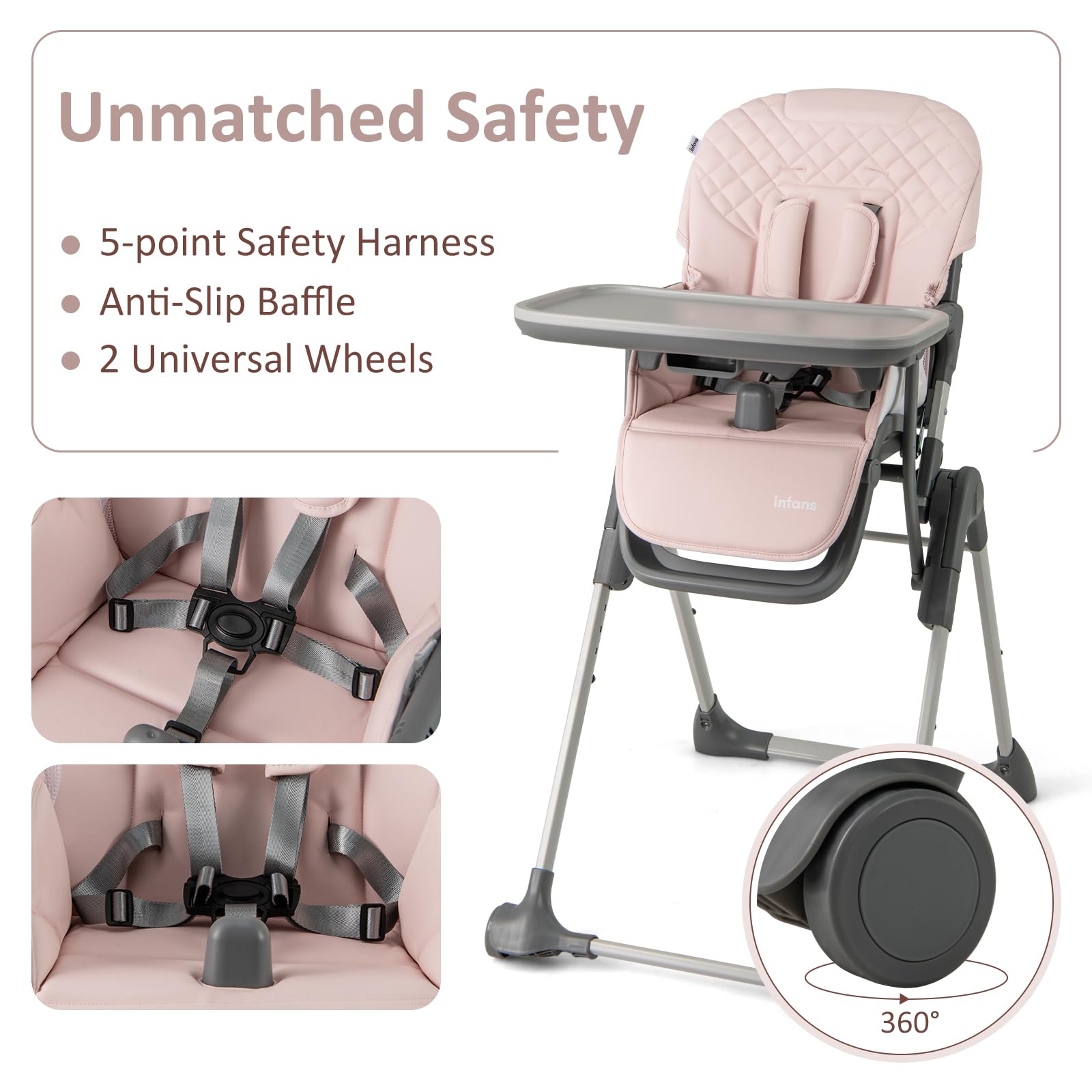 INFANS Baby High Chair, Convertible Quick Folding Portable Highchair with Adjustable Height Backrest Footrest