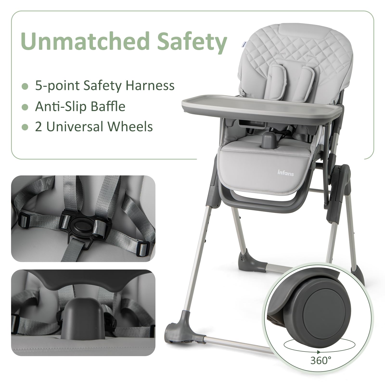INFANS Baby High Chair, Convertible Quick Folding Portable Highchair with Adjustable Height Backrest Footrest