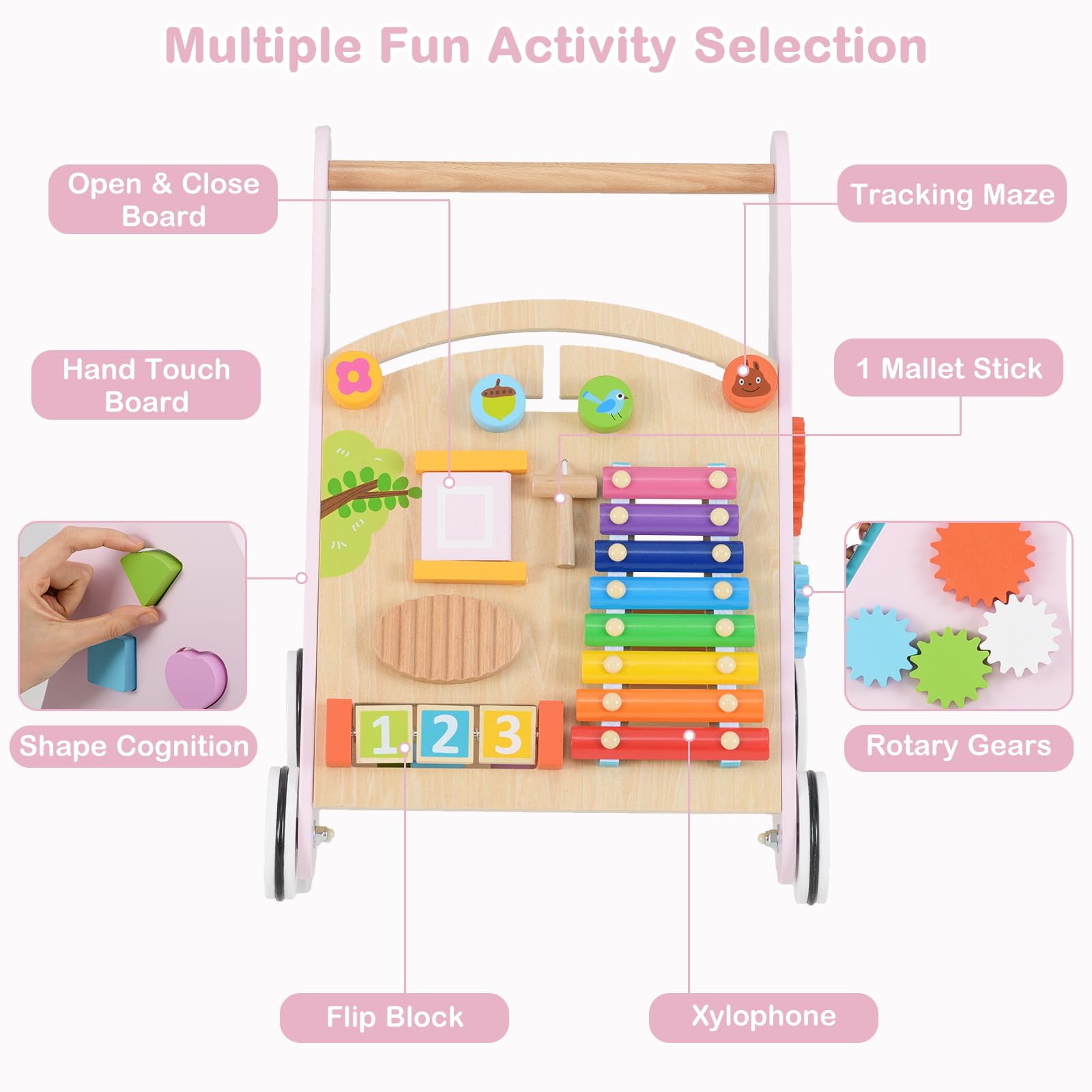 INFANS Wooden Baby Walker, Montessori Walker with Multiple Activity Toys, Push Walker Toys for Infant Learning to Walk