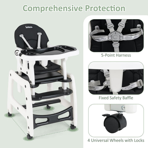 INFANS 5 in 1 Baby High Chair, Convertible Toddler Table Chair Set,  Multi-Function Seat with Lockable Universal Wheels
