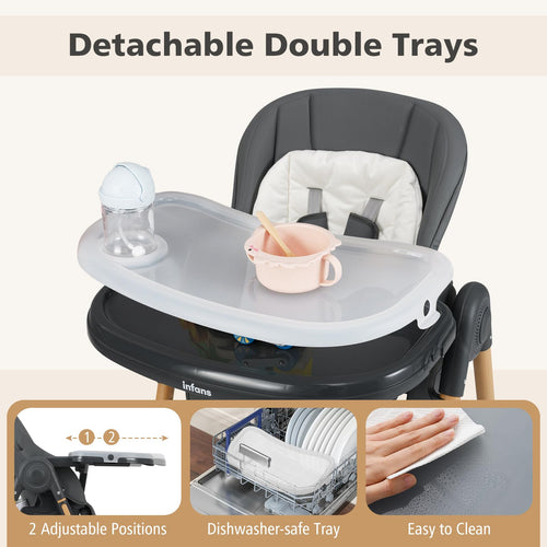 INFANS Baby High Chair, High Chairs for Babies & Toddlers with Adjustable Height Backrest Footrest Removable Tray, Easy to Clean PU Seat Convertible Quick Folding Portable Highchair