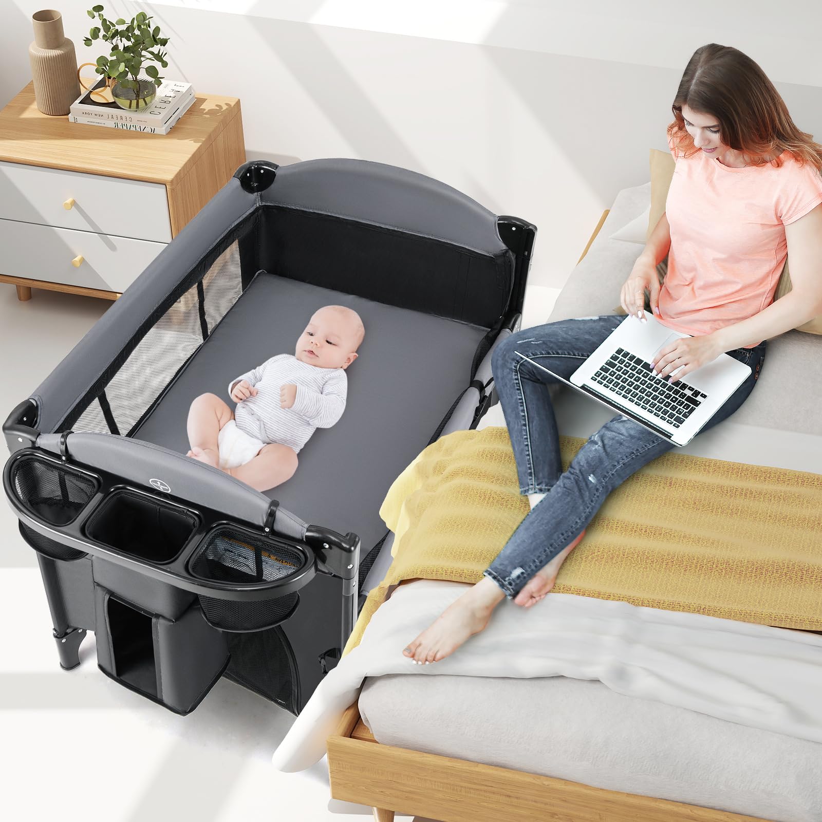 INFANS Baby Bassinet, 4 in 1  Pack and Play Baby Playard with Changing Table, Mosquito Net